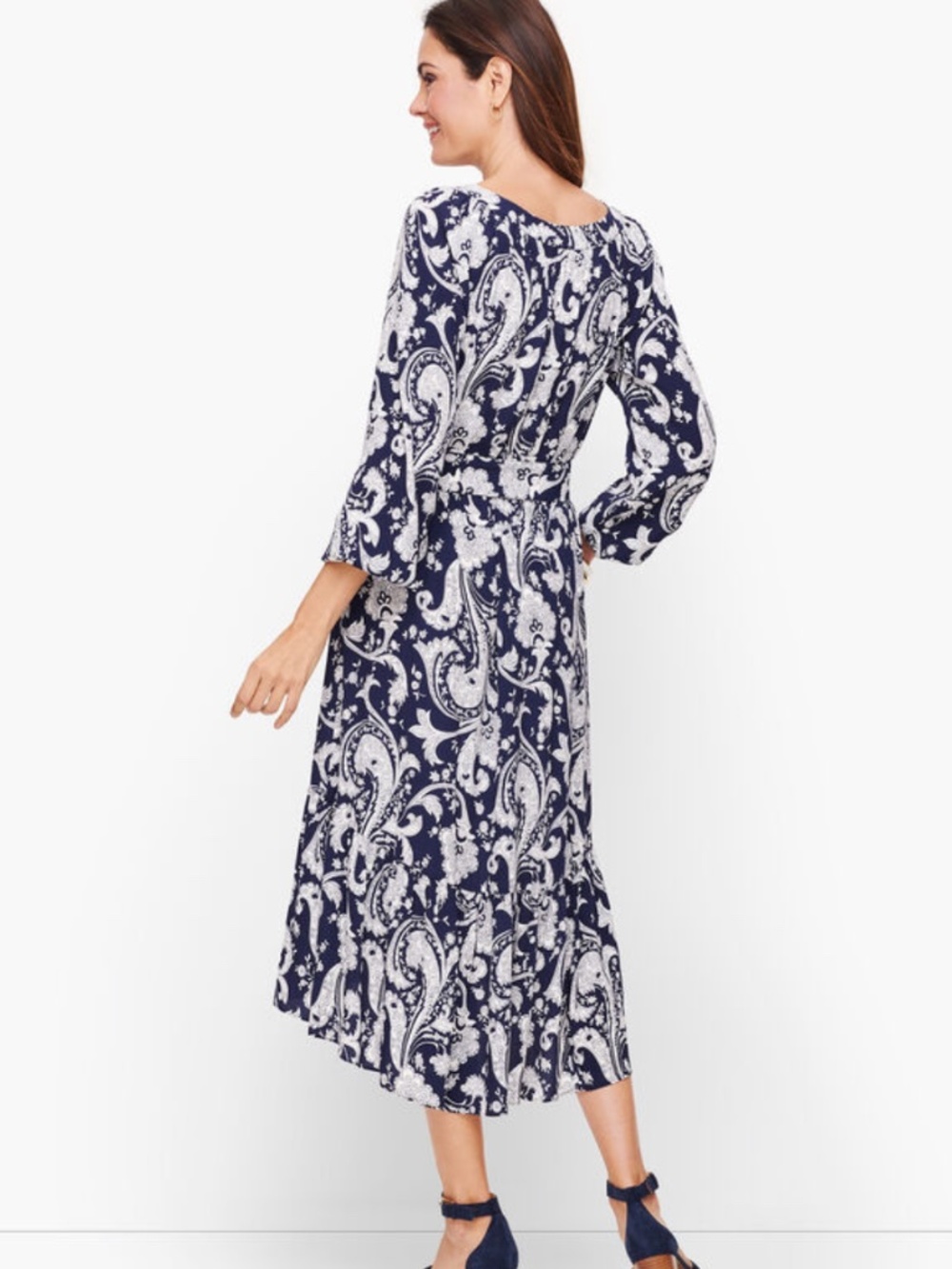 Talbots Navy & White Paisley Tie-Waist Long Sleeve Flounce Hem Midi Dress XL